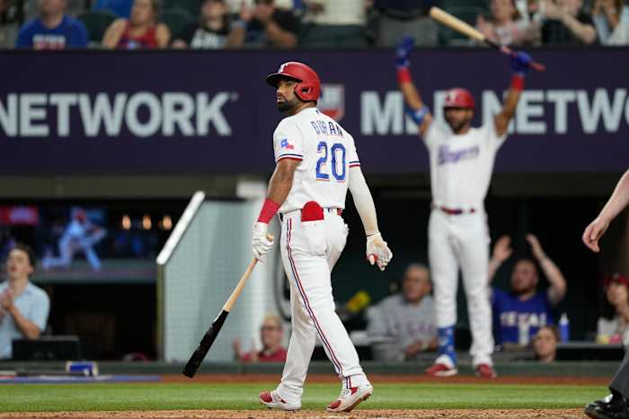 Texas Rangers utility player Ezequiel Duran watches on his home run against the Detroit Tigers during a game in 2023 at Globe Life Field.